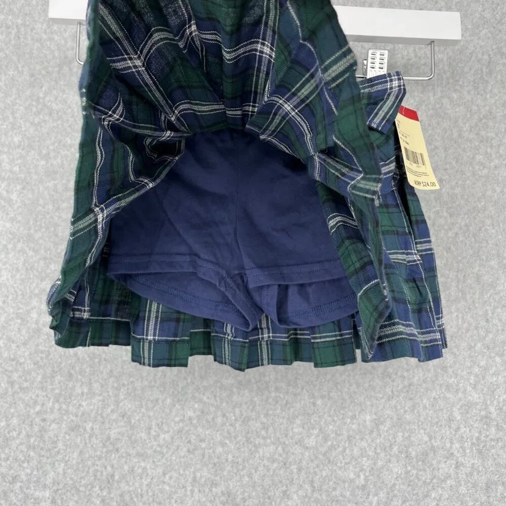 OshKosh Toddle Girls Pleated Plaid Bow Skirt Skort Size 2T Blue Green Tartan NEW